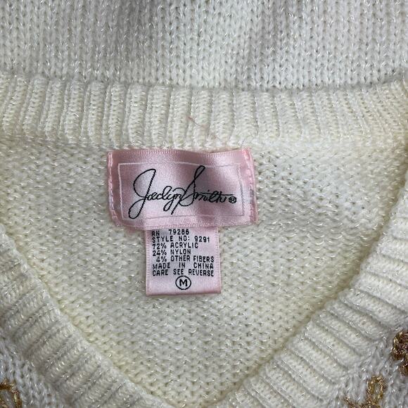 Vintage Knit Sweater Womens Size Medium M Cream Gold Metallic V Neck Beaded 90s - Picture 6 of 8